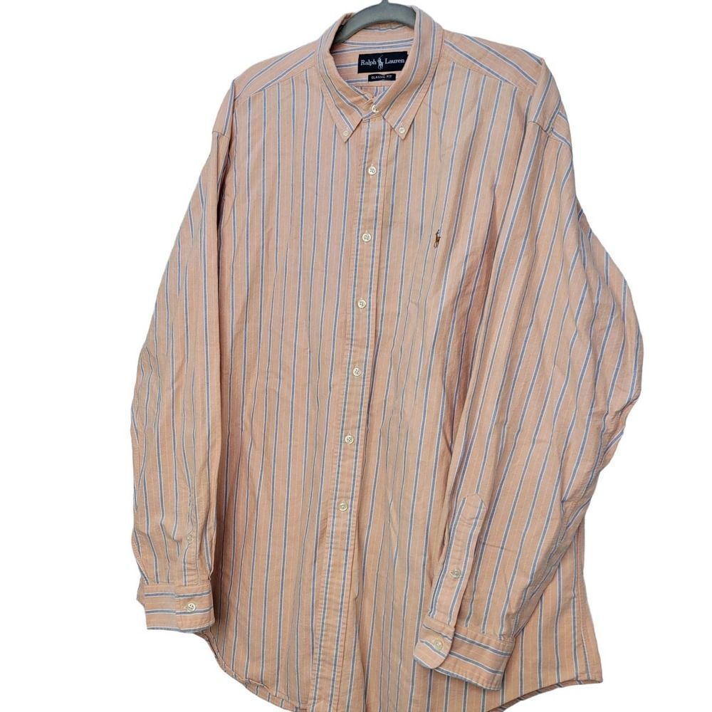 VNTG Ralph Lauren Classic Fit  Peach Orange/Blue Striped Polo Men's XXL - Picture 3 of 7